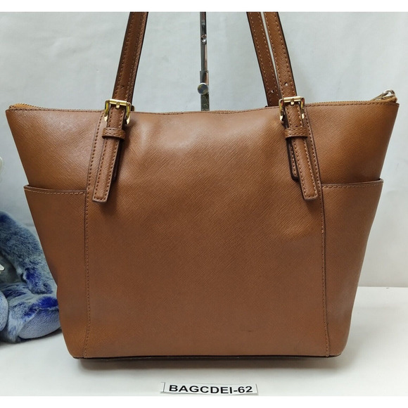 Michael Kors Jet Set Brown Crossgrain Leather Pockets Zipper Tote Shoulder Bag - Picture 2 of 16